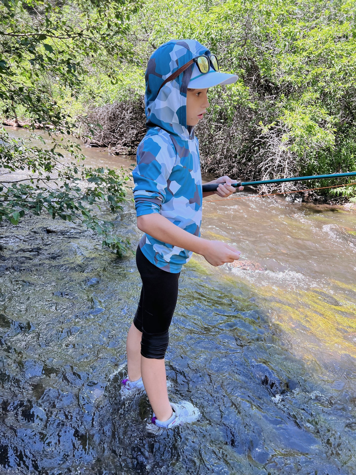 Blue Camo (YOUTH) UPF 50+ Hooded Fishing Shirt